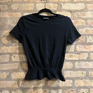Chic Black Ruffle Hem Tee - Zara (Size Medium)